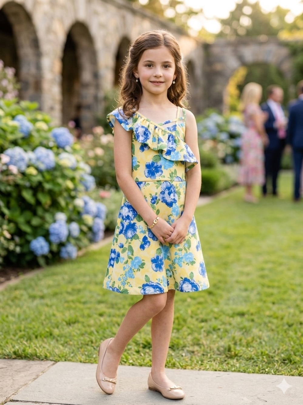 Bonnie Jean Yellow Floral Ruffle One-Shoulder Dress with Blue Flowers
